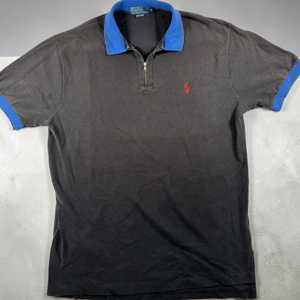VTG 90s Polo Ralph Lauren Half Zip Polo Shirt M Faded Black Blue Collar Pique